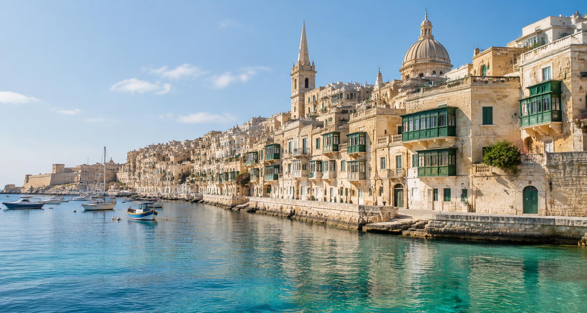 Maltese waterfront with traditional limestone buildings and balconies
